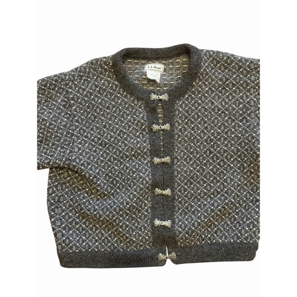 Vintage LL Bean Nordic Fair Isles Wool Blend Cardigan Sweater Medium Silver - Picture 1 of 10